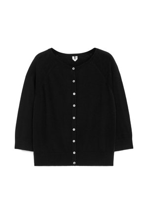 Black cardigan made of soft knit material, featuring a round neck, long raglan sleeves, and a button closure down the front.