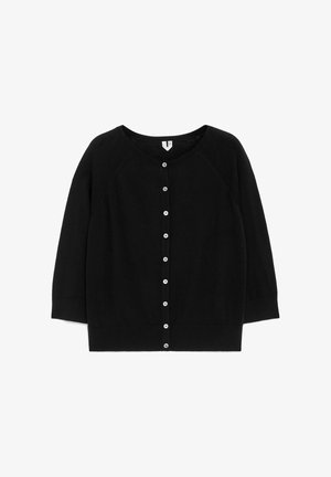 Schwarze Strickjacke aus weichem Material mit Rundhalsausschnitt, langen Raglanärmel und einer Knopfleiste an der Vorderseite.