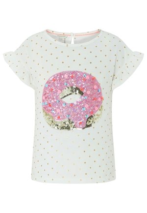 Biała koszulka z krótkim rękawem w złote kropki, z ozdobą w postaci donutów z cekinów w różowym, srebrnym i czarnym kolorze na środku.