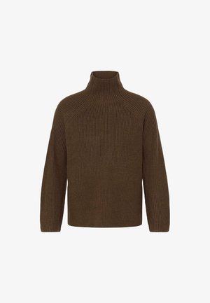 Brun strikket genser med høy krage, raglanermer og ribbestruktur. Avslappet passform, med en ensfarget nyanse uten mønstre.