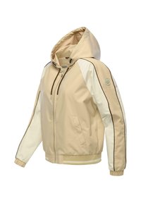 Veste à capuche beige et crème avec fermeture éclair à l'avant, poches latérales, poignets élastiques et ourlet côtelé rayé, avec un logo rond sur la manche.