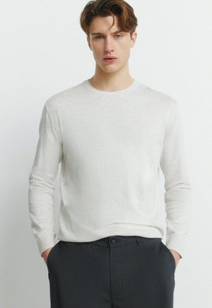 Ung mand med brunt hår iført en lysebeige langærmet sweater og sorte bukser, hænderne i lommerne, stående mod en ensfarvet baggrund.