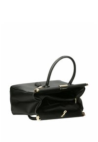 Bolso de mano de cuero negro con forma estructurada, que cuenta con un asa superior, herrajes dorados y un interior abierto con un bolsillo con cremallera.