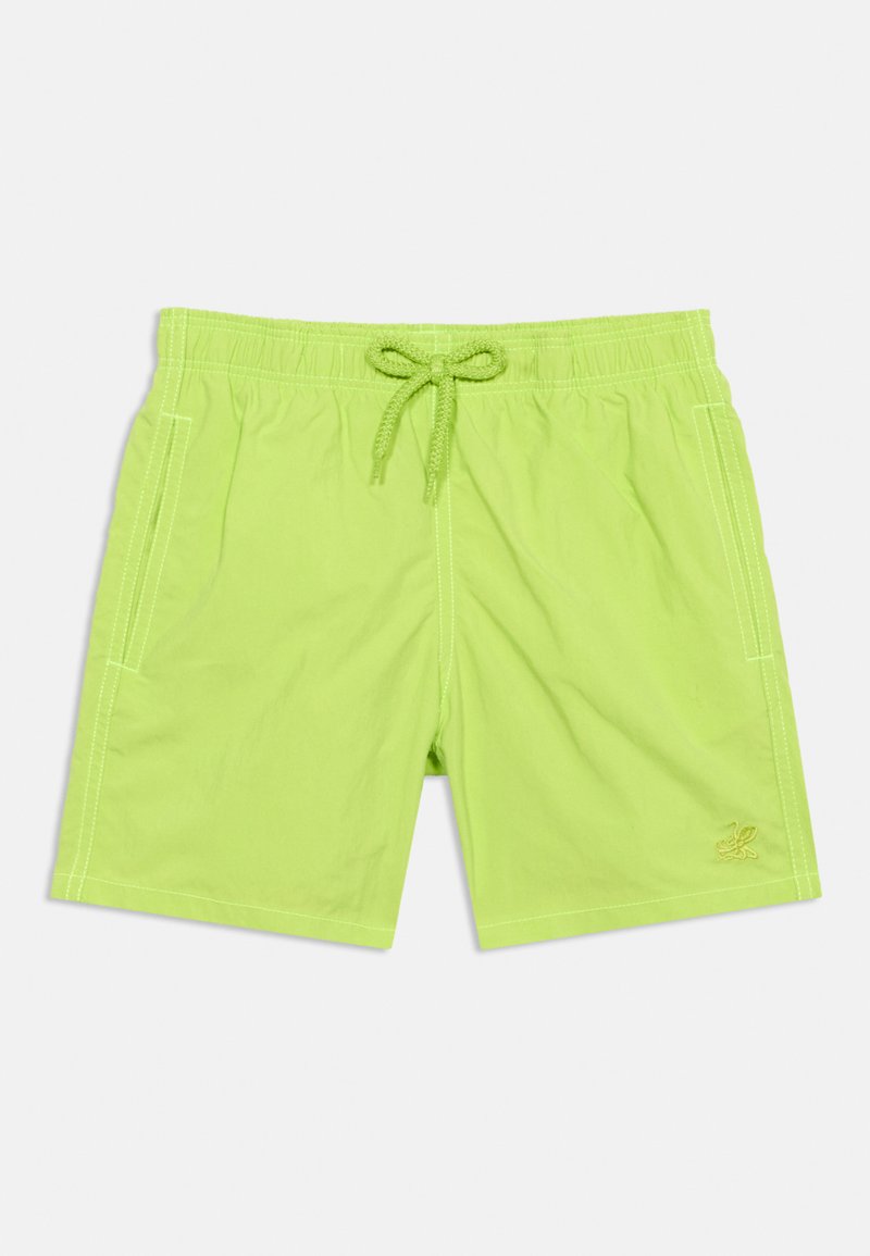 Φωτεινά πράσινα μαγιό σορτς με ελαστική μέση, κορδόνι ρύθμισης, πλαϊνές τσέπες και μικρό κεντημένο λογότυπο στο κάτω δεξί πόδι.