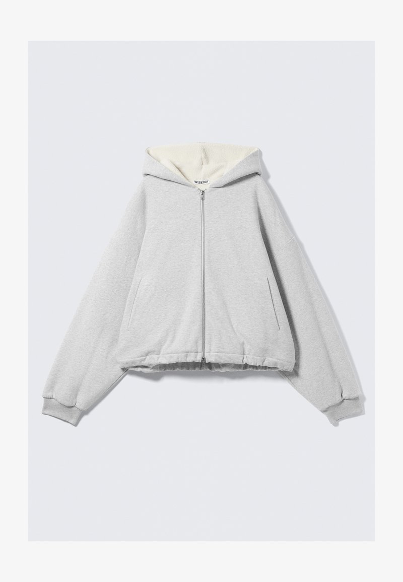 Hellgrauer Kapuzenpullover mit durchgehendem Reißverschluss, mit Fleece gefütterter Kapuze, lockerer Passform, gerippten Bündchen und zwei Vorderentaschen.