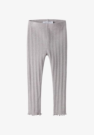 Leggings en maille côtelée gris clair pour tout-petit avec des détails floraux subtils et des ourlets à volants, taille 2 à 7 ans.