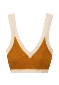 Brassière côtelée marron et crème avec un décolleté en V profond. Équipée de larges bretelles et de panneaux texturés contrastants. Tissu doux et extensible.