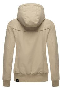 Béžová kabát s kapucňou, s elastickými manžetami a pásom. Hladká, ľahká tkanina s jednoduchým dizajnom a jemnými švovými detailmi.