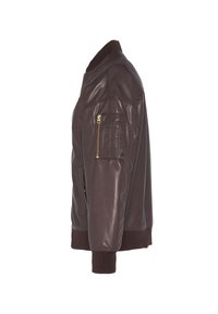 Blouson en cuir marron avec col et poignets en tricot côtelé, doté d'une poche zippée sur le côté et d'une texture lisse et brillante.