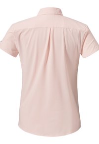 Light pink short-sleeve shirt with a collar, featuring a smooth texture and a pleat at the back for a relaxed fit.