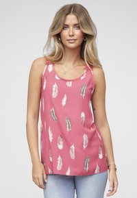 Mouwloze roze blouse met een veerpatroon in tinten grijs en wit, met decoratieve bandjes. Lichtgewicht stof; losse pasvorm.