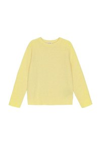 Gul stickad tröja med långa ärmar, rund halsringning och en något lös passform. Texturen är strukturerad med en mjuk yta.