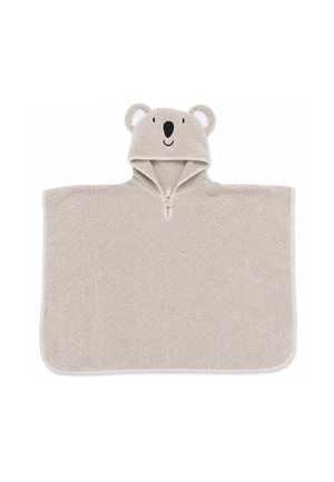 Beiger Baby-Poncho mit Kapuze, mit einem lächelnden Koala-Gesicht und Ohren auf der Kapuze aus weichem, strukturiertem Stoff.