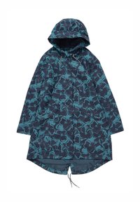 Hooded jacket in donker marineblauw met een bloemig teal patroon, voorzien van twee voorzakken en een verstelbaar trekkoord aan de onderkant.