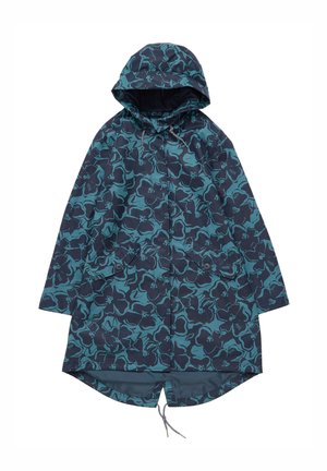 Hooded jacket in dark navy with a floral teal pattern, featuring two front pockets and adjustable drawstring at the hem.