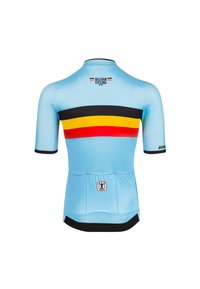 Belgian cycling jersey in light blue, featuring black, yellow, and red horizontal stripes. Made from a fitted, stretchy fabric with short sleeves.