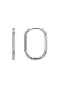 Orecchino a cerchio in metallo argento con un design liscio e arrotondato; presenta una chiusura a clip e una forma rettangolare per un'indossatura sicura.