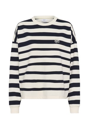 Felpa a maniche lunghe con scollo a girocollo, a righe orizzontali nere e bianche e piccolo logo ricamato sul petto a sinistra.