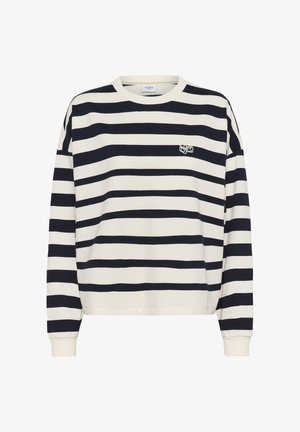 Felpa a maniche lunghe con scollo a girocollo, a righe orizzontali nere e bianche e piccolo logo ricamato sul petto a sinistra.