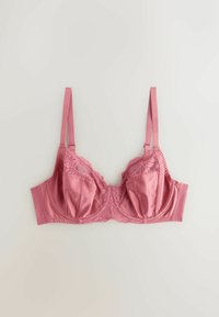Lyserød satin-bh med blonder, bøjleunderstøttelse, justerbare stropper og en glat tekstur. Har dekorative sting på skålene.