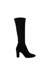 Bottes noires montantes en suede doux, avec un bout pointu et un talon carré. Texture lisse sans motifs ni accents visibles.