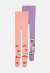Deux paires de collants : l'une pêche avec des motifs de cerises rouges, l'autre violette avec des motifs de desserts souriants. Les deux sont extensibles et douces.