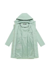 Svetlozelený kapucňový pršiplášť s otvoreným predným dielom, hladkou vnútornou podšívkou, vreckom na hrudi a patentnými gombíkmi pozdĺž predných okrajov.