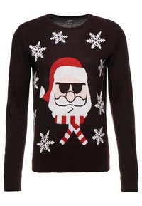 Bruine sweater met een Santa in een zonnebril, een rode hoed en strepen van suikerriet. Sneeuwvlokpatronen sieren het ontwerp. Gemaakt van gebreide stof.
