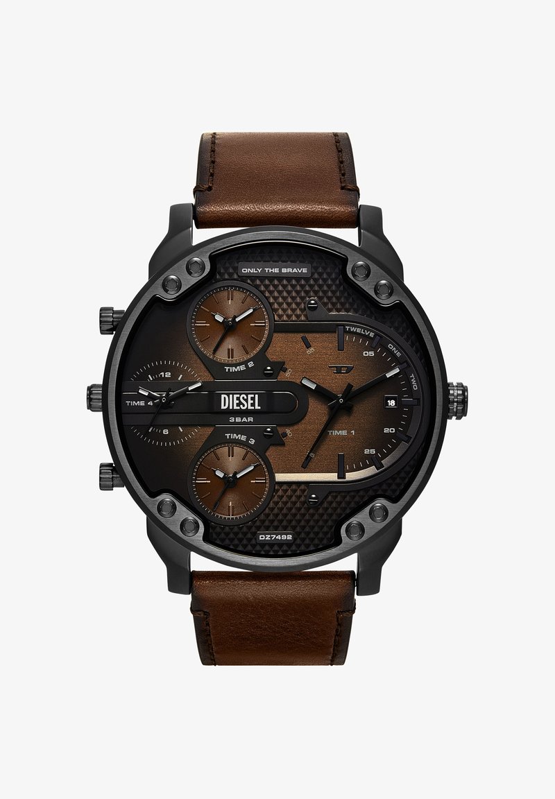 Diesel wristwatch with black and brown dial, four time zones, date display, black case, and brown leather strap.