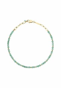 Bracciale in catena d'oro con perline verdi intervallate da piccoli accenti dorati, caratterizzato da una forma curva e una superficie liscia.