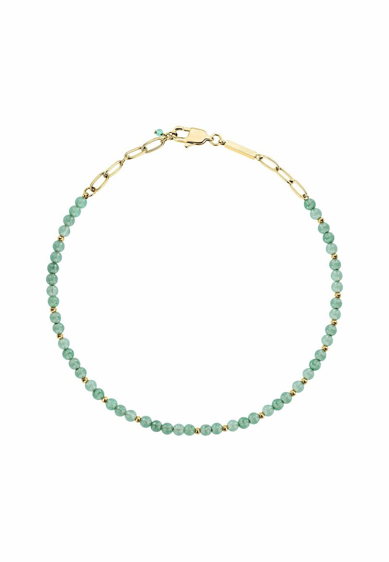 Bracciale in catena d'oro con perline verdi intervallate da piccoli accenti dorati, caratterizzato da una forma curva e una superficie liscia.