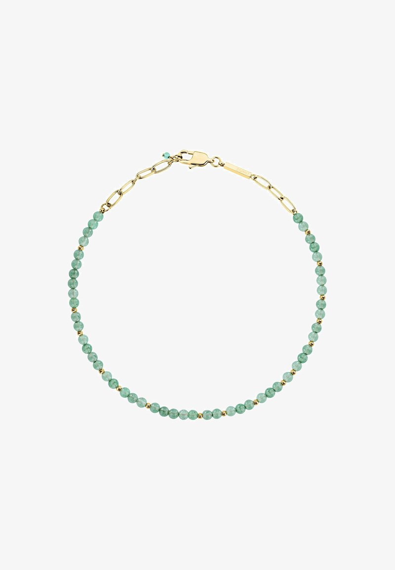 Bracciale in catena d'oro con perline verdi intervallate da piccoli accenti dorati, caratterizzato da una forma curva e una superficie liscia.