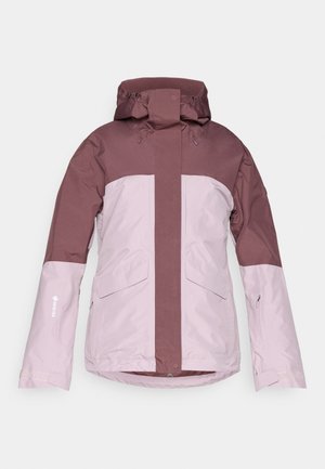 Waterdichte jas in donker en lichtroze, met een hoge kraag, verstelbare capuchon, twee voorkruiszakken en een gladde textuur.