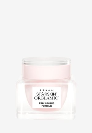 Conteneur transparent avec une couche intérieure rose. Étiquette blanche avec du texte noir "STARSKIN ORGANIC PINK CACTUS PUDDING." Fini lisse et brillant.