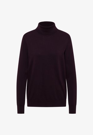 Pull à col roulé violet en maille douce, doté de manches longues et d'une coupe ajustée, avec des finitions côtelées au niveau du col et de l'ourlet.