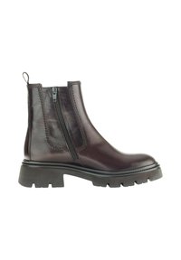 Bottines en cuir bourgogne avec une semelle épaisse, fermeture éclair sur le côté, et un détail de couture distinctif sur le dessus. Texture lisse, design épuré.