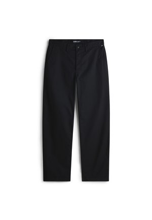 Pantalon noir à jambes droites avec passants de ceinture, poches latérales et fermeture par bouton à la taille, présenté sur fond blanc.