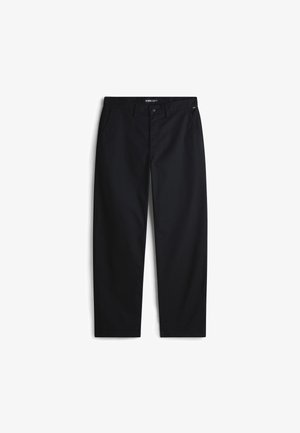 Pantalon noir à jambes droites avec passants de ceinture, poches latérales et fermeture par bouton à la taille, présenté sur fond blanc.