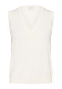 Débardeur tricoté blanc sans manches avec un décolleté en V profond, texture côtelée et finition douce. Présente une coupe légèrement ample avec un ourlet arrondi.