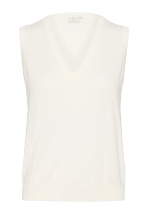 White knitted sleeveless top with a deep V-neck, ribbed texture, and a soft finish. Features a slightly loose fit with a rounded hem.