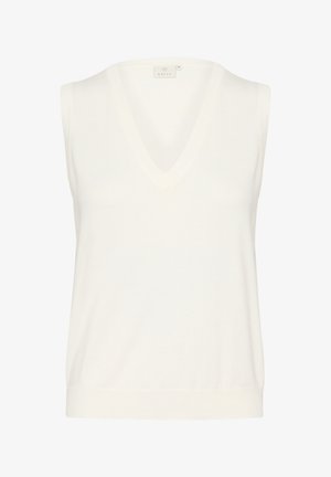 Débardeur tricoté blanc sans manches avec un décolleté en V profond, texture côtelée et finition douce. Présente une coupe légèrement ample avec un ourlet arrondi.