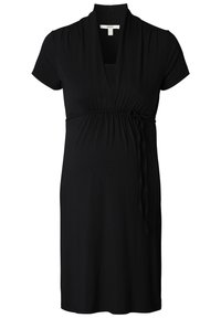 Czarna sukienka ciążowa z krótkimi rękawami, zapinana na krzyż, z wiązaniem w talii i miękką teksturą. Odpowiednia do wygodnego noszenia w czasie ciąży.