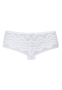 Culotte en dentelle blanche avec un motif en zigzag, des détails en dentelle et un petit nœud au centre devant. Texture douce et coupe effrontée.