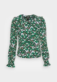 Blusa preta com mangas longas, padrões em verde, branco e florais, gola franzida e punhos ajustados. Tecido leve e texturizado.
