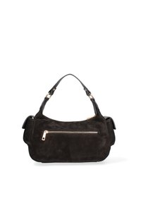 Borsa a tracolla nera in suede con forma curva, manico superiore e dettagli in metallo dorato sulla zip anteriore. Texture liscia con un leggero luccichio.