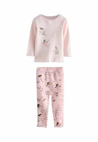 Pink long-sleeve top with fairy graphics and scalloped edges, paired with matching leggings featuring a fairy and floral pattern.