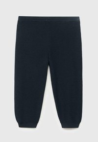 Temno modri pleteni hlače z rebrastim pasom in manšetami. Orisan daje mehak in prijeten občutek, zasnovan za udobje in toploto.