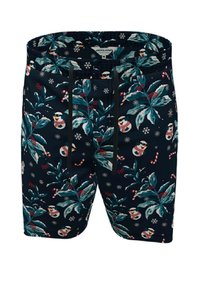 Navy swim shorts with a festive pattern of snowmen, leaves, and candy canes. Features an elastic waistband and black drawstring.