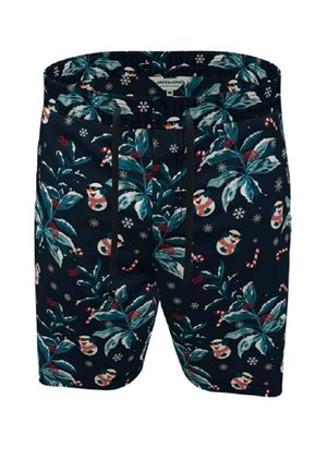 Marineblaue Badeshorts mit einem festlichen Muster aus Schneemännern, Blättern und Zuckerstangen. Mit elastischem Bund und schwarzem Kordelzug.