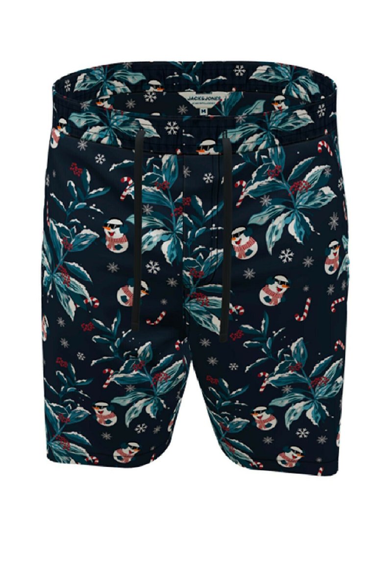 Navy swim shorts with a festive pattern of snowmen, leaves, and candy canes. Features an elastic waistband and black drawstring.